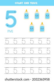 Tracing number 5. Handwriting practice for kids with glue tubes.
