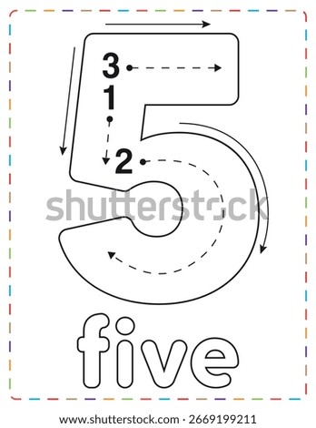 Tracing Number 5 Printable Worksheets for Kids. Counting and Handwriting Practice for Preschoolers.
