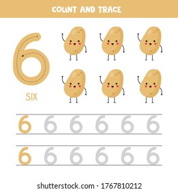 Tracing number 6. Handwriting practice for kids with cartoon potatoes. Learning to count and to write. Math game for preschool and school children.