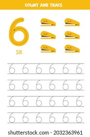 Tracing number 6. Handwriting practice for kids with cute staplers.