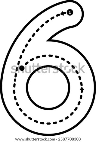 Tracing number 6 prewriting dotted line math worksheet element for kindergarten and preschool kids for handwriting practice activity 