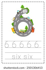 Hoja de cálculo de seguimiento número 6. Números de carretera. Juego de niños. Aprendiendo números. Ilustración vectorial.