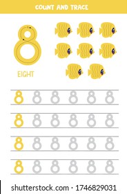 Tracing number 8. Handwriting practice for kids with cartoon yellow fish. Learning to count and to write. Math game for preschool and school children.