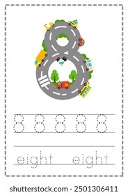 Hoja de trabajo de seguimiento número 8. Números de carretera. Juego de niños. Aprendiendo números. Ilustración vectorial.