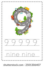 Tracing Number 9 worksheet. Road numbers. Children game. Learning numerals. Vector illustration.