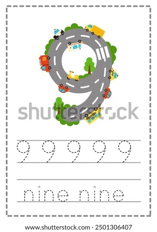 Tracing Number 9 worksheet. Road numbers. Children game. Learning numerals. Vector illustration.
