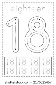 Tracing Number Eighteen Black White Worksheet Stock Vector (Royalty ...