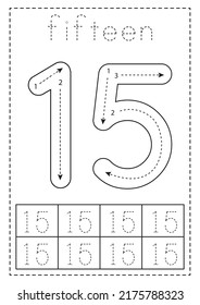 Tracing number fifteen. Black and white worksheet. Number tracing.