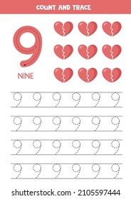 Tracing number nine. Preschool valentine worksheet. Number tracing.