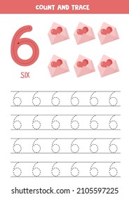 Tracing number six. Preschool valentine worksheet. Number tracing.