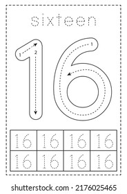 Tracing number sixteen. Black and white worksheet. Number tracing.