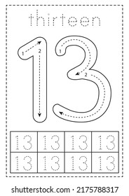 Tracing Number Thirteen Black White Worksheet Stock Vector (Royalty ...