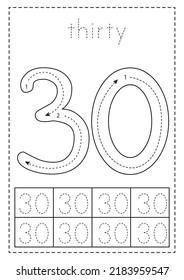 Tracing number thirty. Black and white worksheet. Number tracing.