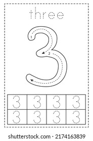 Tracing number three. Black and white worksheet. Number tracing.
