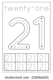 Tracing number twenty one. Black and white worksheet. Number tracing.