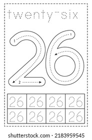 Tracing number twenty six. Black and white worksheet. Number tracing.