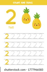 Tracing number two. Handwriting practice for kids with cute cartoon kawaii pineapples. Learning to count. Math game for preschool and school children.