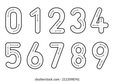 Tracing numbers 0 to 9 for kids with tracing guide svg