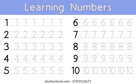 Rastreando Números 1 a 10 Planilha. Educational Printable Practice for Kids (em inglês).