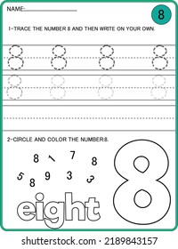 Tracing numbers activity. Trace the number 8 Educational children game, printable worksheet