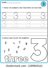 Tracing Numbers Activity Trace Number 3 Stock Vector (Royalty Free ...