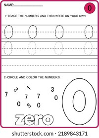 Tracing numbers activity. Trace the number 0 Educational children game, printable worksheet