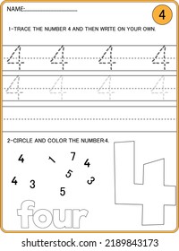 Tracing Numbers Activity Trace Number 4 Stock Vector (Royalty Free ...