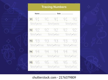Tracing Numbers Worksheet with Nineties for Early Education Practice in Elementary Math