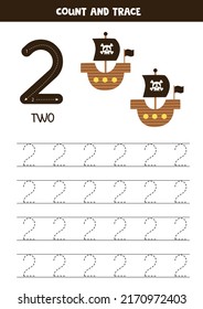 Tracing numbers worksheet. Writing number two. Hand drawn pirate ship.