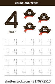 Tracing numbers worksheet. Writing number four. Hand drawn pirate hats.
