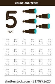 Tracing numbers worksheet. Writing number five. Hand drawn telescopes.