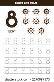 Tracing numbers worksheet. Writing number eight. Hand drawn steering wheels.