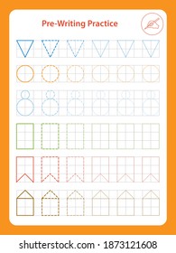 Tracing practice for kids. Preschool or kindergarten handwriting practice.Pre-writing worksheet for little children. Educational activity children game. Fine motor skills. Shapes. Vector illustration