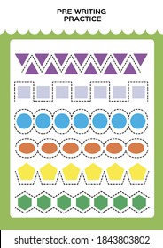 Tracing practice for kids. Pre-writing worksheet for little children. Prescool or kindergarten super handwriting practice. Fine motor skills. Lets trace dashed lines. Activity Game. Shapes. Green.