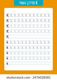 Tracing practice sheet designed to help children learn how to write the letter k. features uppercase and lowercase ks in various traceable fonts to enhance handwriting skills. ideal for early educatio