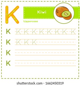 Tracing practice worksheet for kids learning English vocabulary and handwriting. How to write Letter K uppercase vector children colorful ABC alphabet in vibrant colors. Preschool Printing 