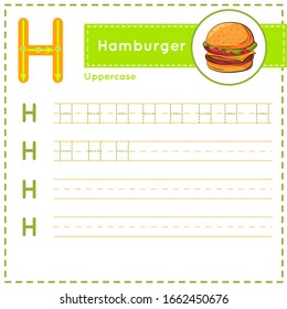 Tracing practice worksheet for kids learning English vocabulary and handwriting. How to write Letter H uppercase vector children colorful ABC alphabet in vibrant colors. Preschool Printing 