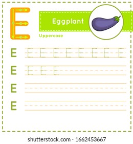 Tracing practice worksheet for kids learning English vocabulary and handwriting. How to write Letter E uppercase vector children colorful ABC alphabet in vibrant colors. Preschool Printing 