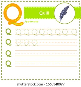 Übungsblatt für Kinder, die Englisch Vokabeln und Handschriften lernen. Wie schreibt man Letter Q in Großbuchstaben Vektorillustration Kinder buntes ABC-Alphabet in lebhaften Farben. Vorschuldruck 