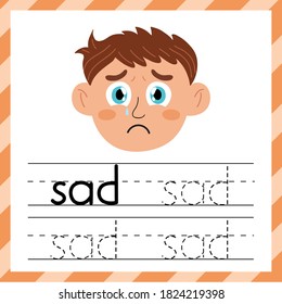 Tracing practice worksheet - word Sad. Learning material for kids. I can write words template. Handwriting sheet. Vector illustration 