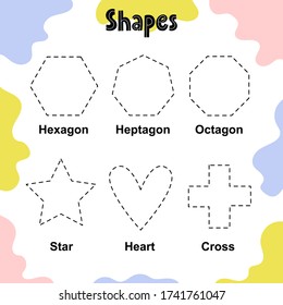 Tracing Shapes Worksheet For Kids. Hexagon, Heptagon, Octagon, Star, Heart, Cross. Handwriting Practice. Educational Activity Page. Vector Illustration