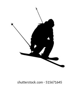 Tracing silhouette of single mountain skier jump isolated on a white background. Vector illustration