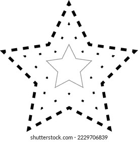 Tracing star shape broken line element for preschool, kindergarten and Montessori kids prewriting, drawing and cutting practice activities in vector illustration