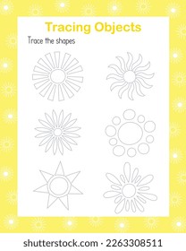 Tracing sun linear images handwriting practice vector illustration educational printable worksheet, drawing objects leisure activity learning concept, game for kids teacher's resources