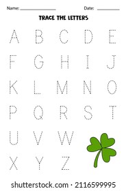 Tracing uppercase letters of alphabet. Worksheet with three leaf clover.