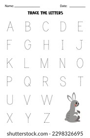 Tracing uppercase letters of alphabet. Worksheet with cute gray rabbit.
