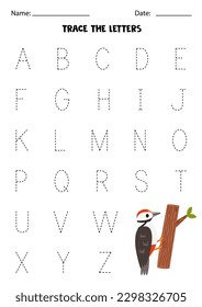 Tracing uppercase letters of alphabet. Worksheet with cute woodpecker.