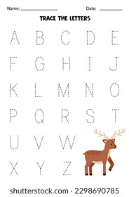 Tracing uppercase letters of alphabet. Worksheet with cute deer.