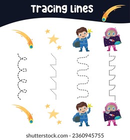 Tracing vertical lines activity with cartoon character of a cute astronaut, comets, rocket, stars, sun, ufo, satellite. Tracing worksheet for kids practising the motoric skills. Educational printable 