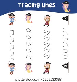 Tracing vertical lines activity for children. Tracing worksheet for kids practising the motoric skills. Educational printable worksheet. Vector illustration. 